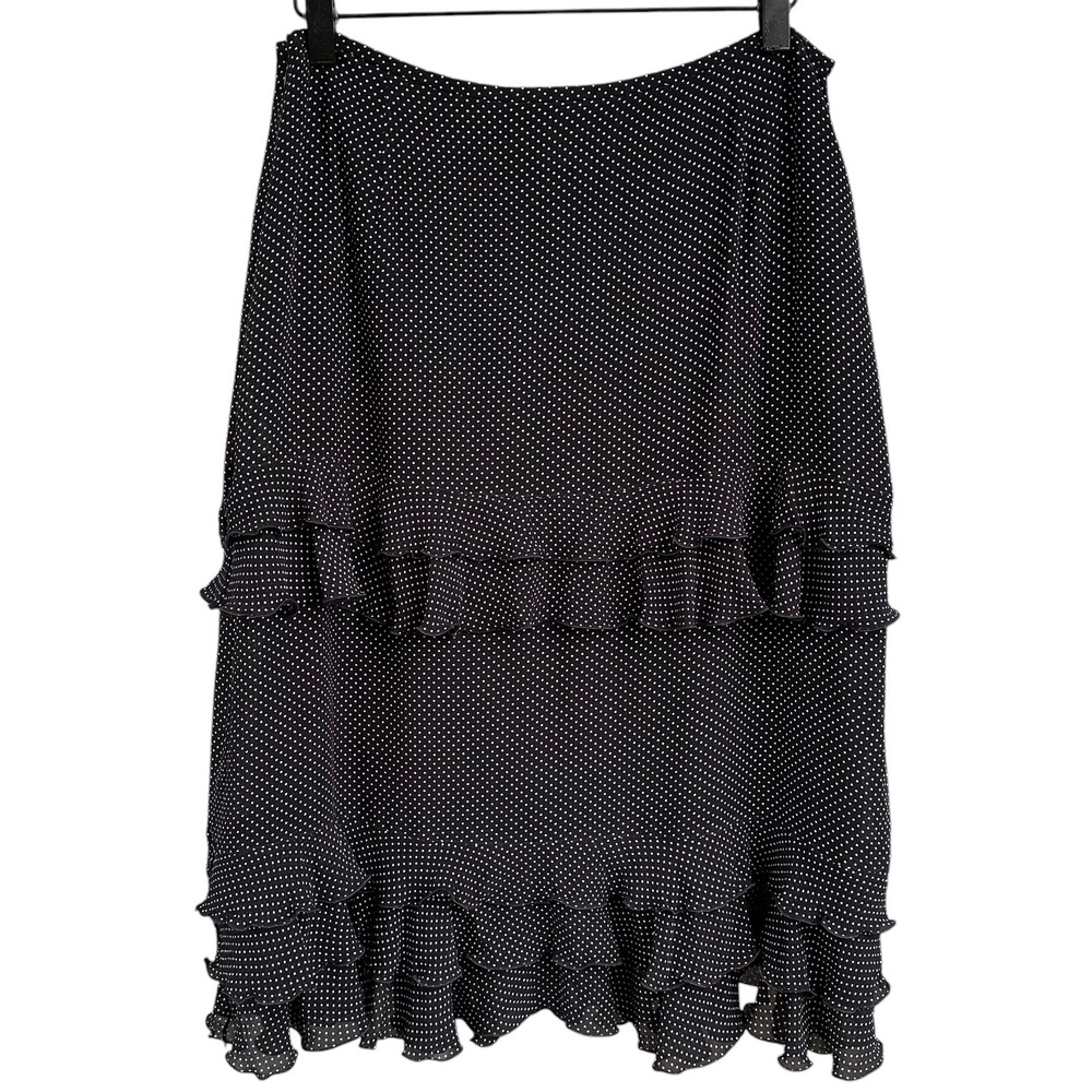 ESCADA Vintage Silk Polka Dot Tiered Ruffled Midi Skirt Black White - 42 10/12